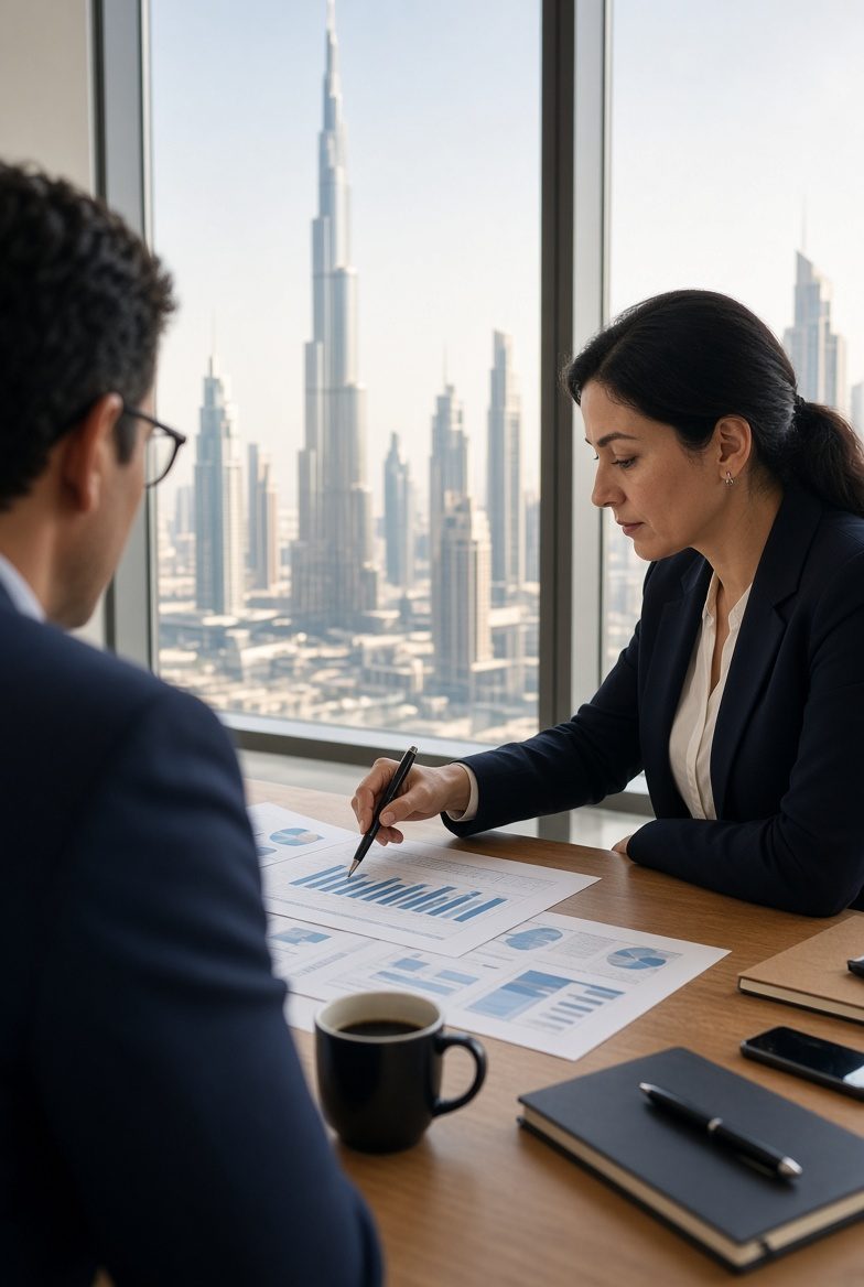 A client meeting, Dubai skyline behind